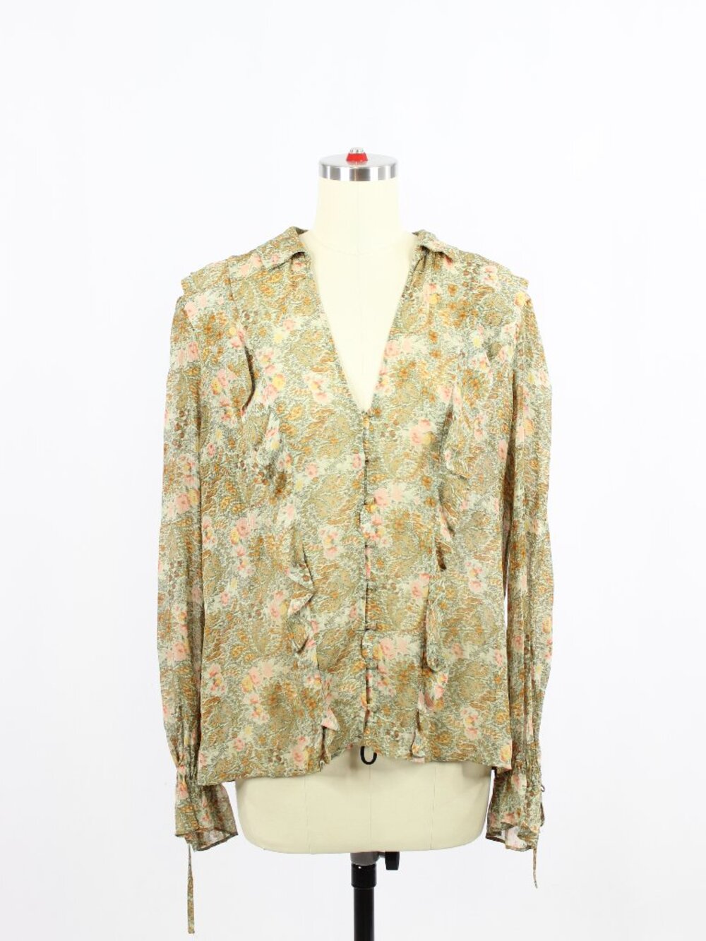 PAIGE Green Orange Ikat Floral 100% Silk Chiffon Ruffle V-Neck Blouse, Size S